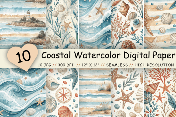 Download Coastal Watercolor Digital Paper Pack - Paper pack Collection